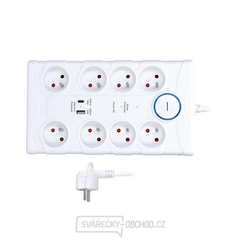 Solight přepěťová ochrana, 8z, USB A+C, 2m, bílá