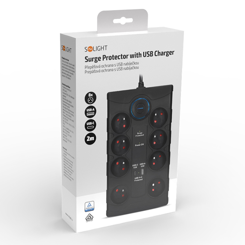 Levně Solight přepěťová ochrana, 8z, USB A+CA, 2m, černá PO80B