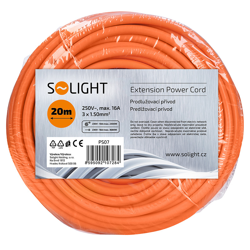 Levně Solight prodlužovací přívod - spojka, 1 zásuvka, 20m, 3 x 1,5mm2, oranžová PS07