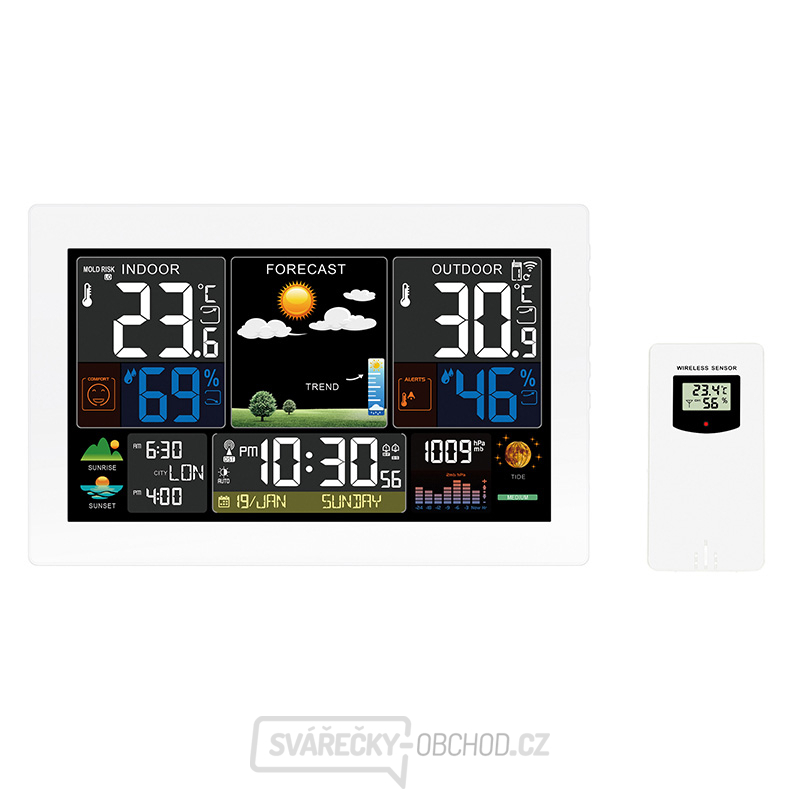 Solight meteostanice, extra velký barevný LCD, teplota, vlhkost, tlak, RCC, USB nabíjení, bílá