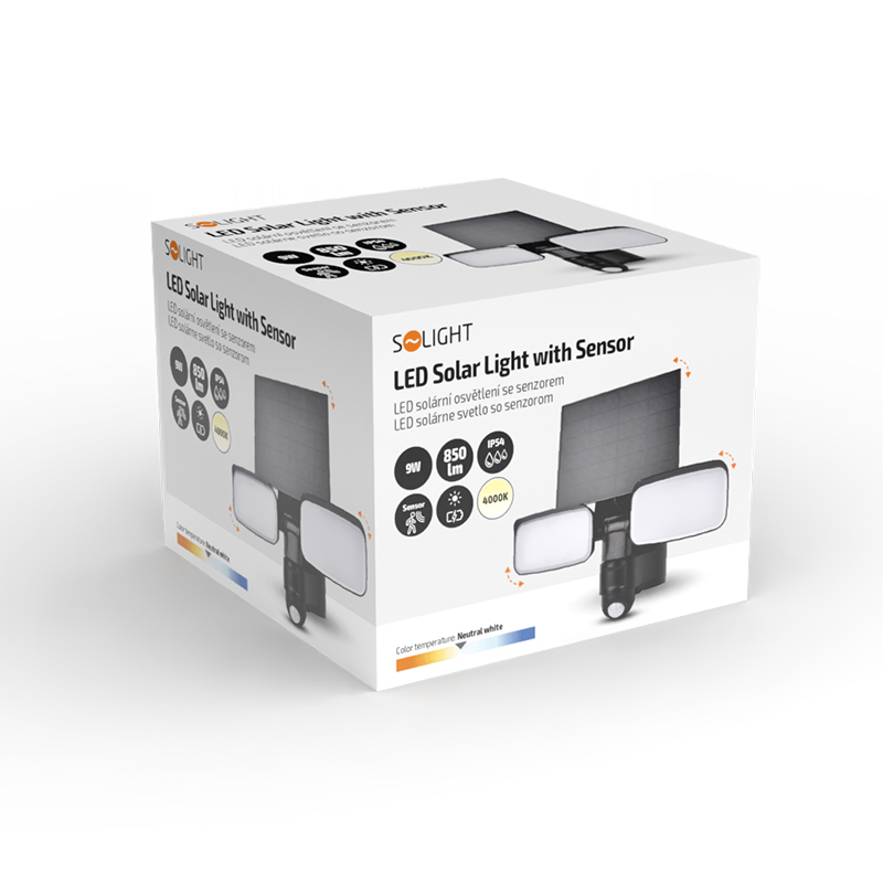 Levně Solight LED solární osvětlení se senzorem, 9W, 850lm, 4000K, Li-Ion, černá WO7203