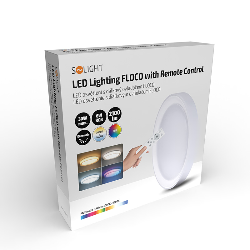 Levně Solight LED osvětlení s dálkovým ovladačem Floco, 30W + 6W RGB, 2100lm, 40cm, změna chromatičnosti, stmívatelné WO8015