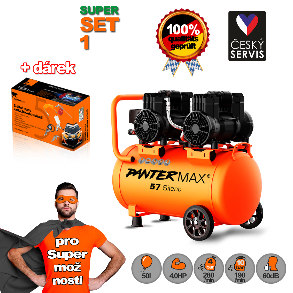 Levně PANTERMAX Super tichý bezolejový kompresor AirFlow 57 SILENT SET1 PMAF57SI_S01