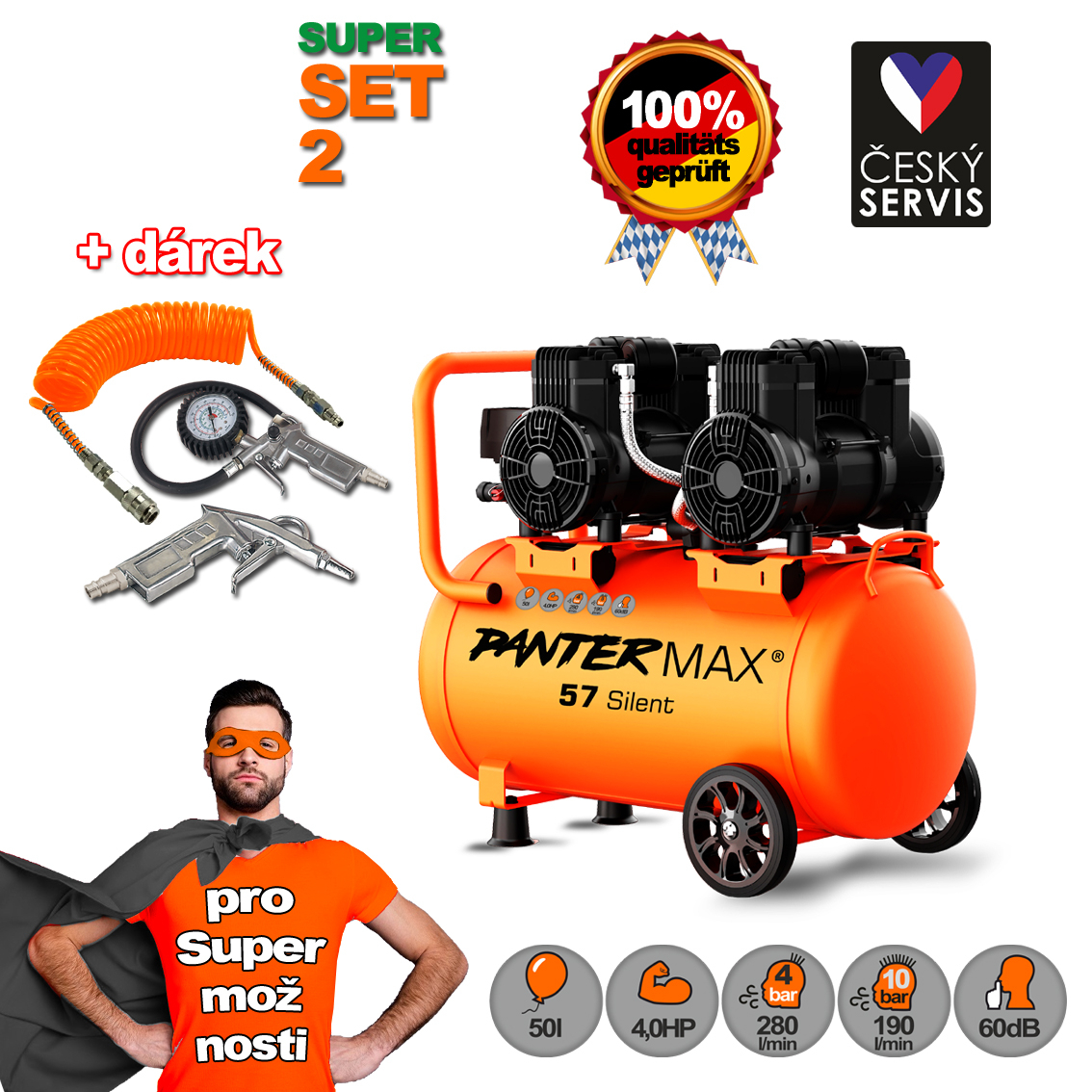 Levně PANTERMAX Super tichý bezolejový kompresor AirFlow 57 SILENT SET2 PMAF57SI_S02
