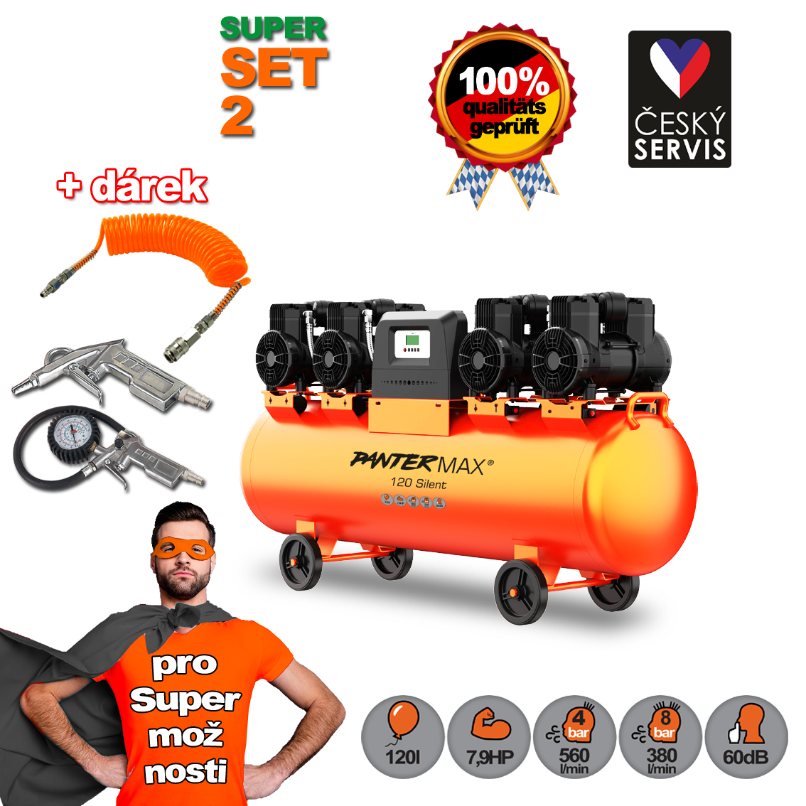 Levně PANTERMAX Super tichý bezolejový kompresor AirFlow 120 SILENT SET2 PMAF120SI_S02