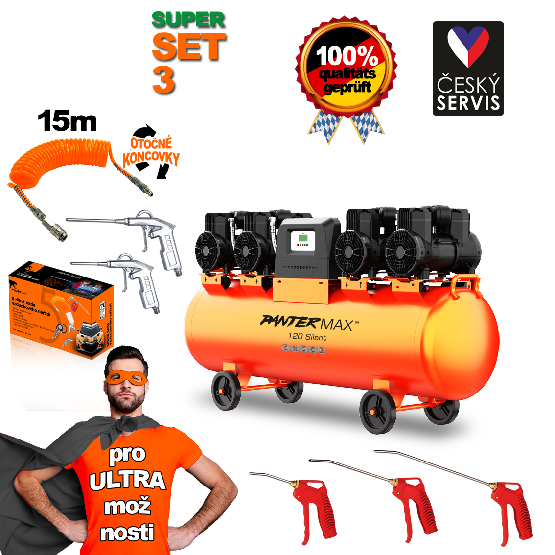 Levně PANTERMAX Super tichý bezolejový kompresor AirFlow 120 SILENT SET3 PMAF120SI_S03