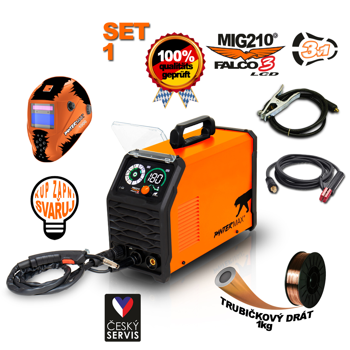 Levně PANTERMAX Svářecí invertor MIG210FALCO 3 LCD SET1 (MIG/MMA/TIG) PMMIG210-3-LCD_S01