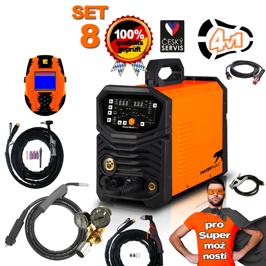 Levně PANTERMAX Svářecí invertor PanterWeld 4v1 200 SET8bL (MIG/SYN/MAN/PLASMA/DCTIG) PMPW4V1_S08BL