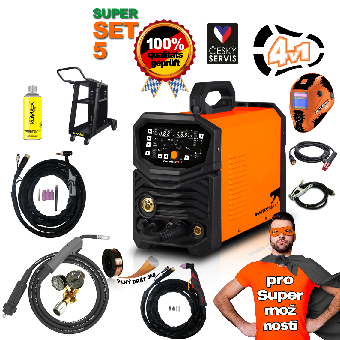 Levně PANTERMAX Svářecí invertor PanterWeld 4v1 200 SET5bL (MIG/SYN/MAN/PLASMA/DCTIG) PMPW4V1_S05SBL