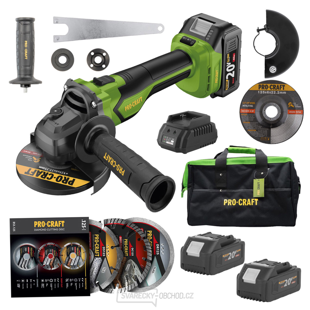 Sada aku úhlová bruska Procraft PGA22 a 3x diamantové kotouče DS3.125 + taška na nářadí + 2x baterie | SPGA22-BB/DS3.125/2x20-4