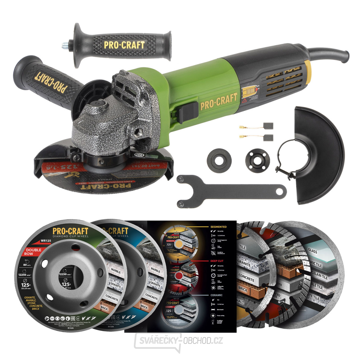 Sada úhlová bruska Procraft PW1050 a 3x diamantové kotouče DS3.125 + 2x hrncové kotouče | SPW1050/DS3.125/WT125