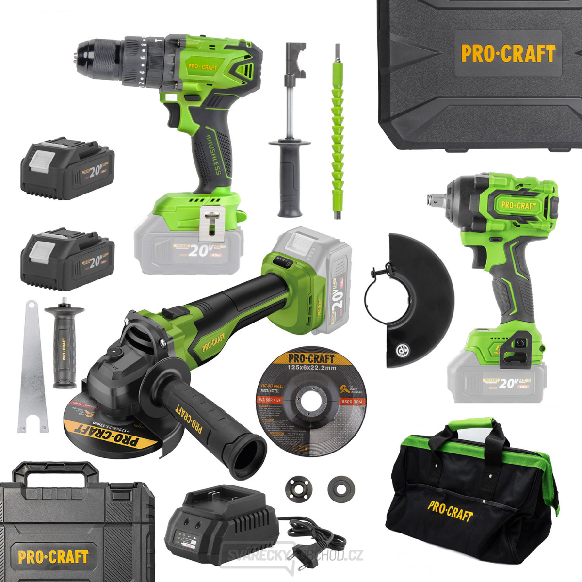 Procraft aku bezuhlíková sada nářadí 20V 5dílů s baterií a nabíječkou | AKUSET1