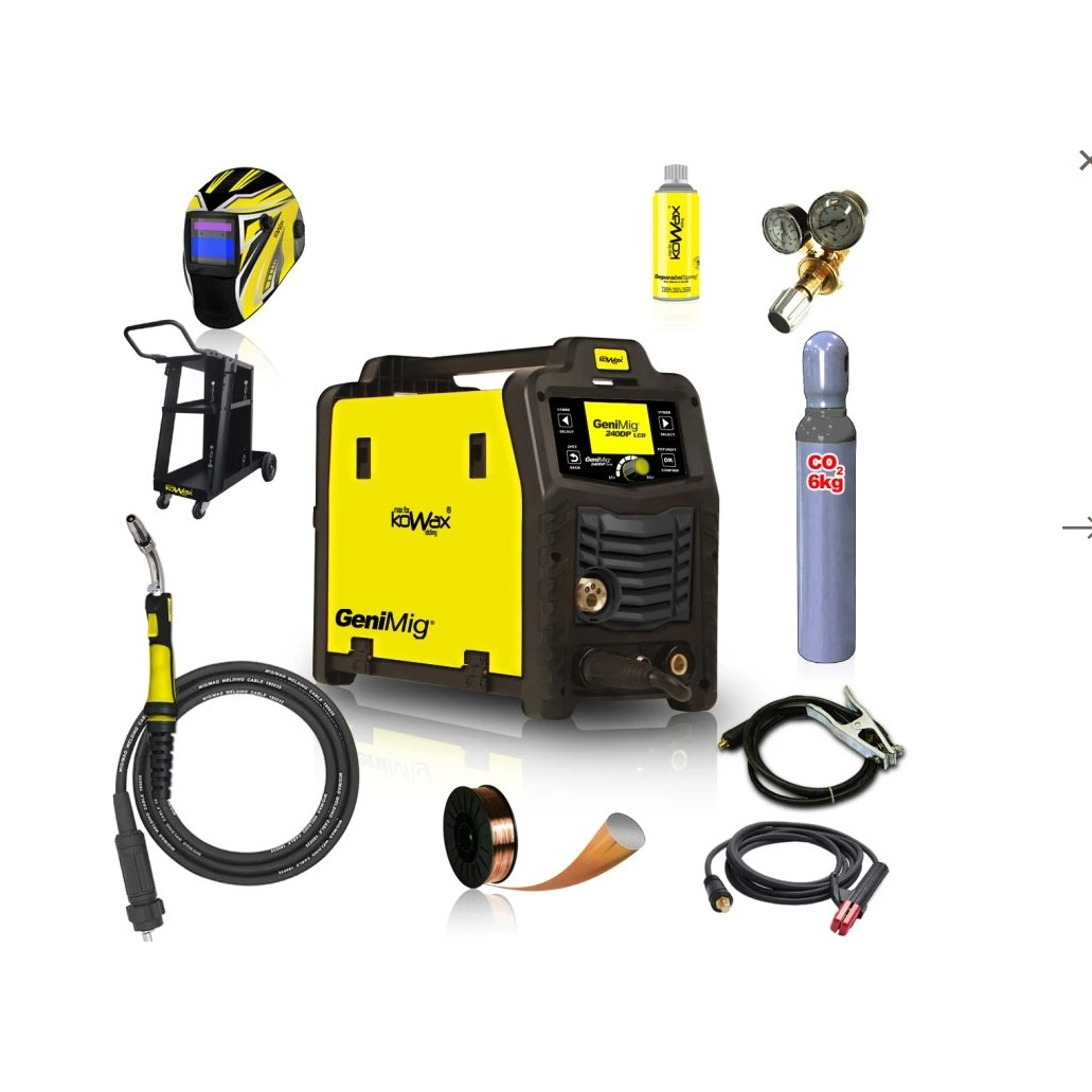 KOWAX GeniMig240DP LCD + Hořák + Kukla + Ventil + Podvozek + Plná Co2 Láhev + Sprej + 5kg drát + Kabely KWXSTGM240DP_S01aSVAset3