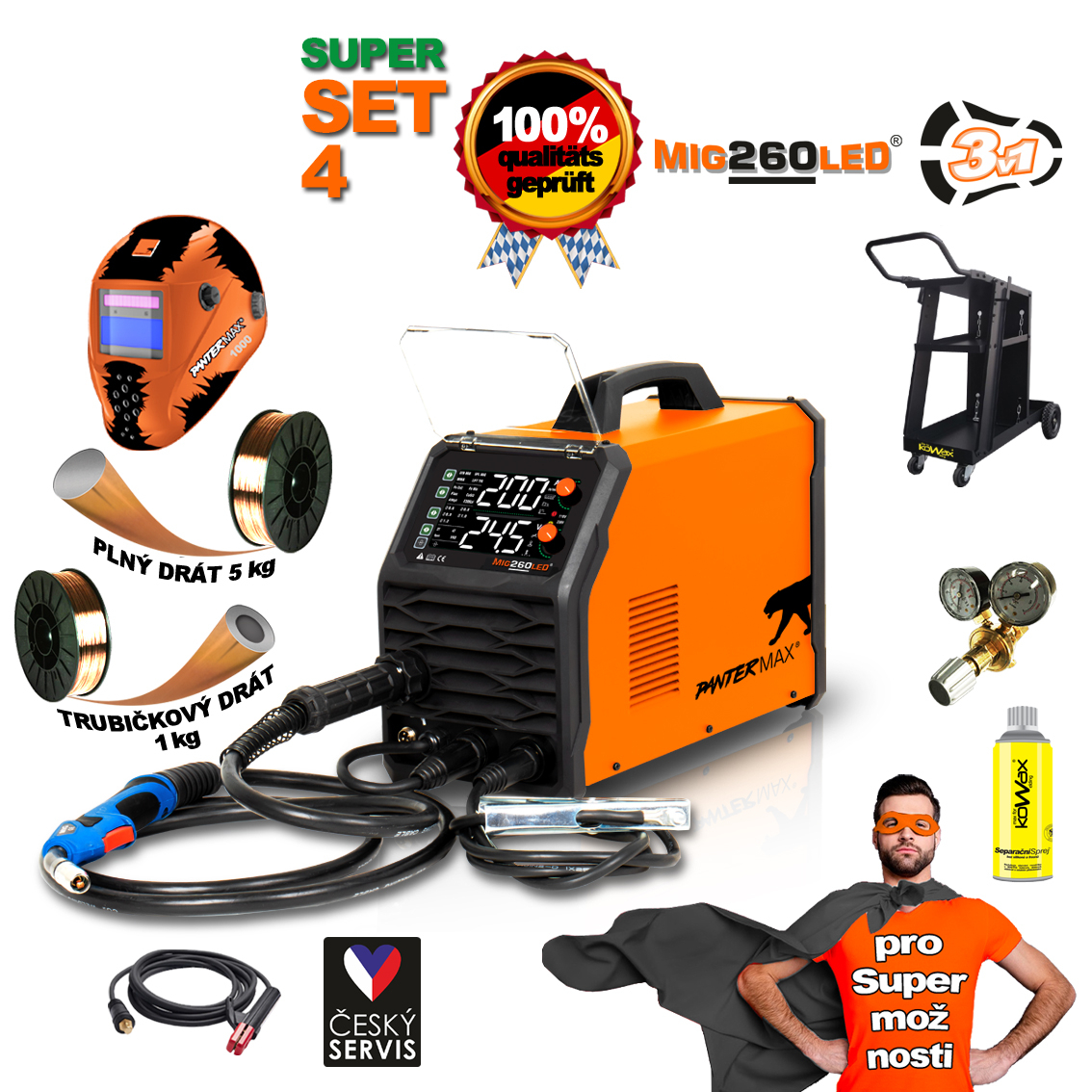 Levně PANTERMAX Svářecí invertor MIG260LED SET4bL (MIG/MMA/TIG) PMMIG260LED_S04BL