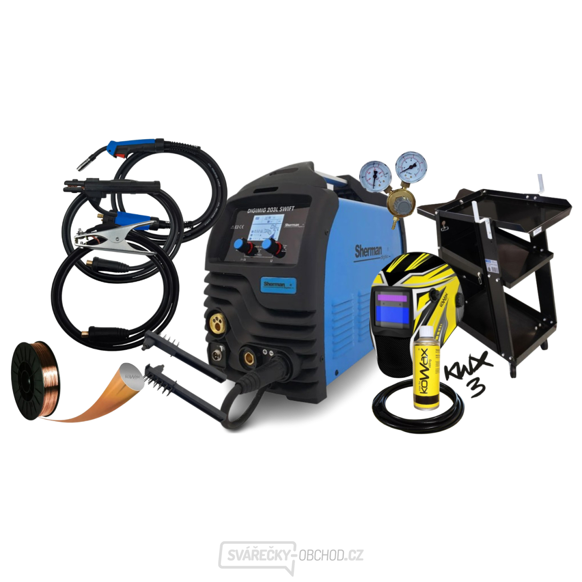 Sherman Synergická invertorová svářečka DIGIMIG 203L SWIFT + Hořák MIG + Kabely + Kukla + Hadice + Vozík + drát + r. ventil + sprej