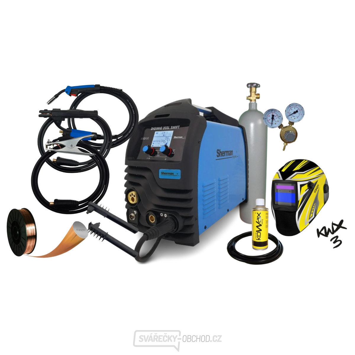Sherman Synergická invertorová svářečka DIGIMIG 203L SWIFT + Hořák MIG + kabely + Kukla + Hadice + R. ventil + Drát + Sprej + Láhev Co2 plná