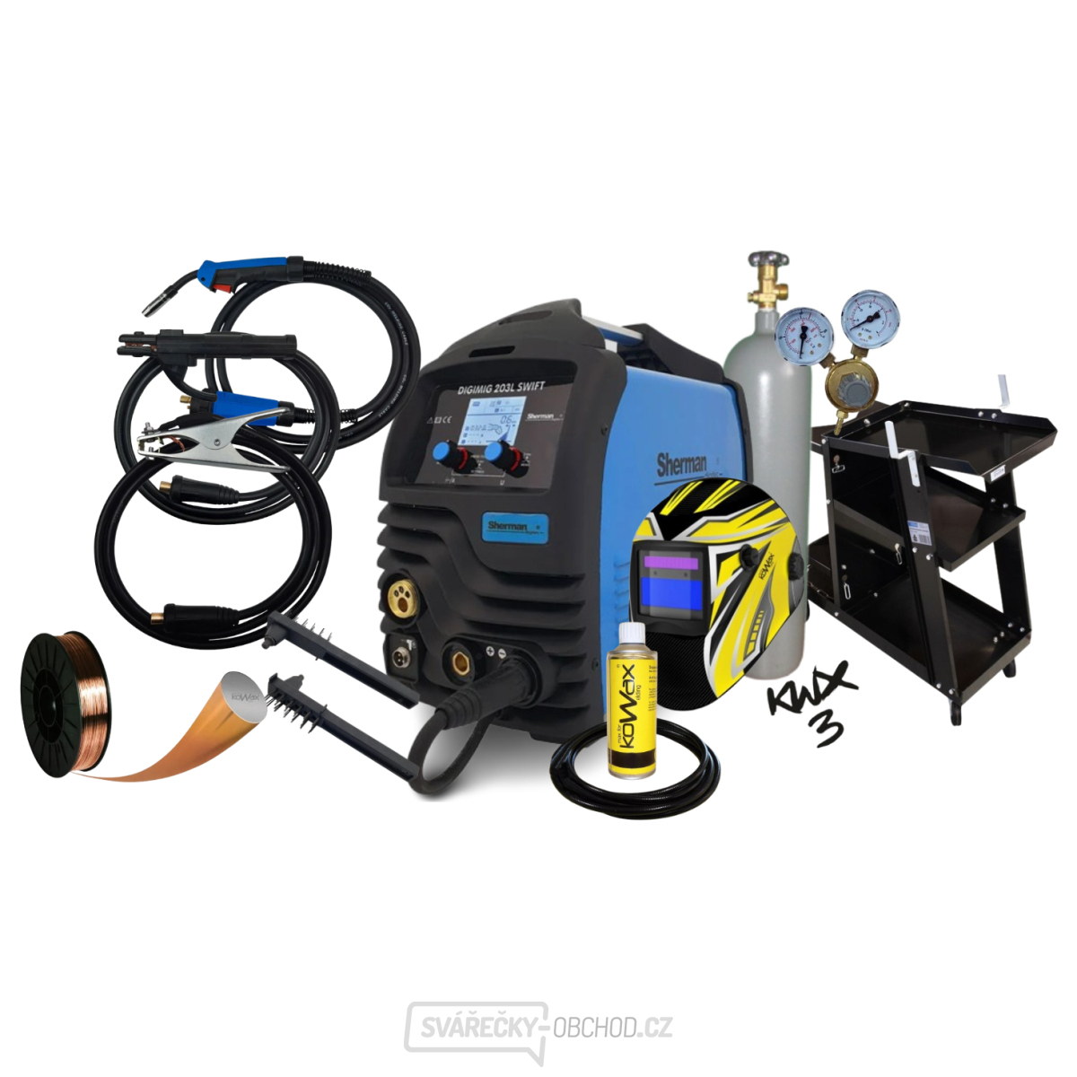 Sherman Synergická invertorová svářečka DIGIMIG 203L SWIFT + Hořák MIG + kabely + Kukla + Hadice + R. ventil + Drát + Sprej + Láhev Co2 plná + Vozík
