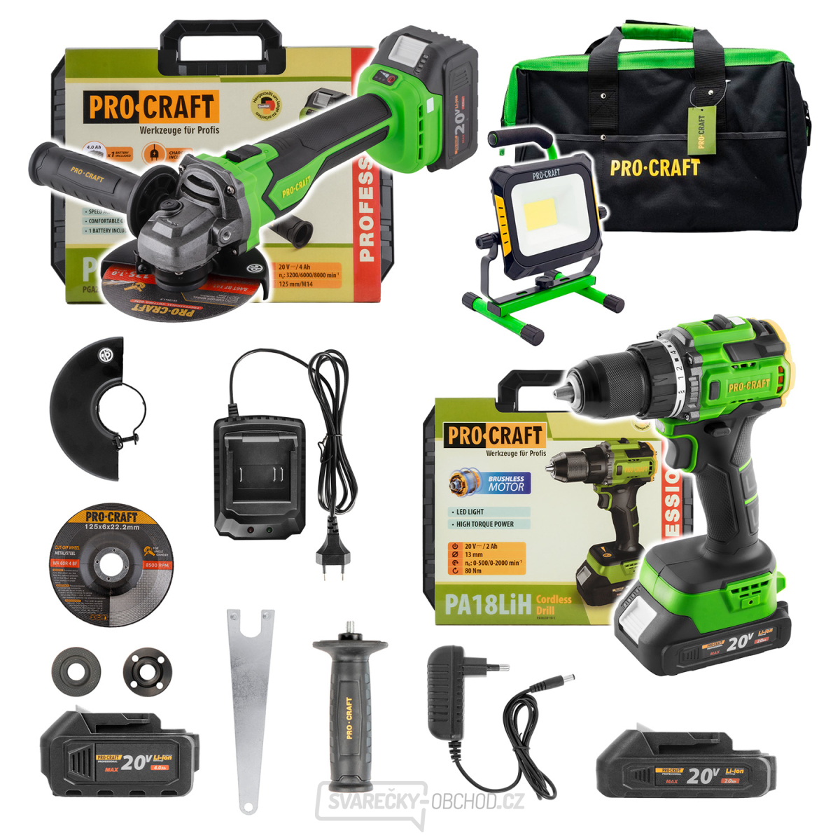 Aku sada v tašce BG400: šroubovák PA18LiH, úhlová bruska PGA22, svítilna(reflektor) LP20 | SPA18LiH-1B/PGA22-1B/LP20/BG400