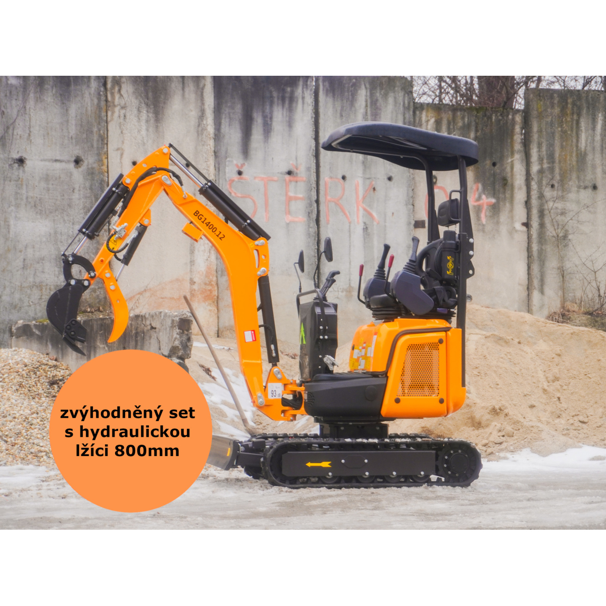 Minibagr Baugarden BG1400.12 PRO Kubota zvýhodněný set s hydraulickou lžíci 800mm 8001BG140012PROKUSET02