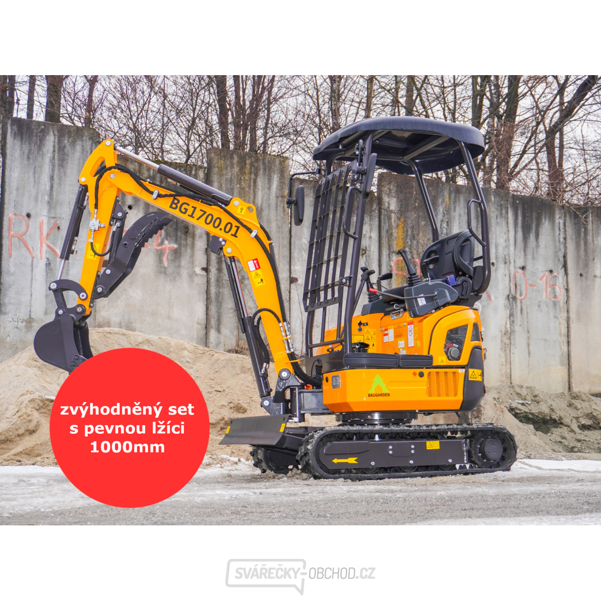 Minibagr Baugarden BG1700.01 Kubota, Hydraulický palec, zvýhodněný set s pevnou lžíci 1000mm