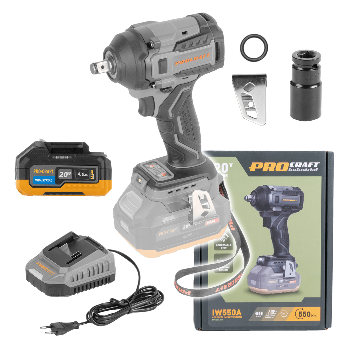 Sada aku rázový utahovák Procraft Industrial IW550A + baterie 20/4 Industrial a nabíječka C20/2 | SIW550Abb/20-4indu/C2