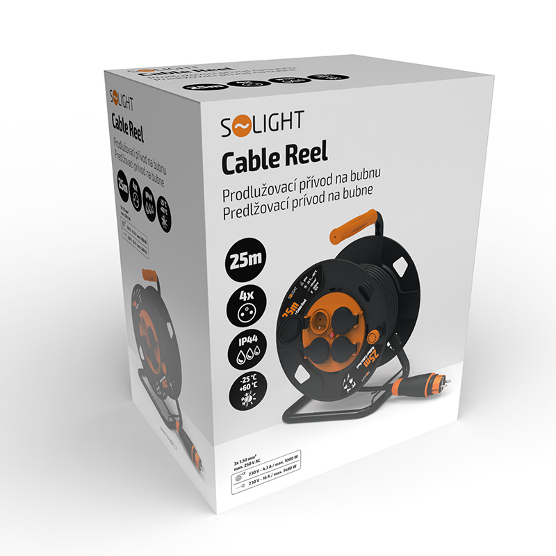 Levně Solight prodlužovací přívod - na bubnu, 4 zásuvky, 25m kabel guma, 3x 1,5mm2, IP44 PB33